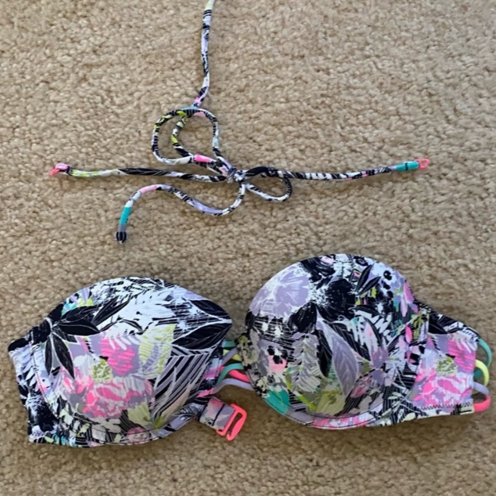 Victoria's Secret Floral Print Bikini Top in Black, Pink, Green, Purple